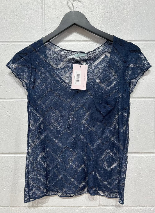 Women's S Top Blouse, Sheer Lace Shirt - Blue, Kimchi Blue