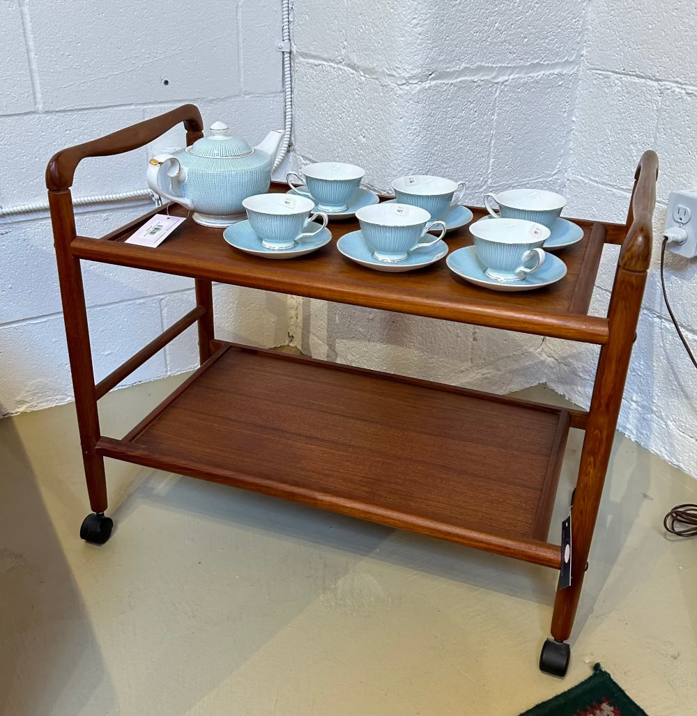 Local Pickup Only - Vintage Teak Tea Tray Cart, Black Plastic Wheels, MCM style Midcentry Modern