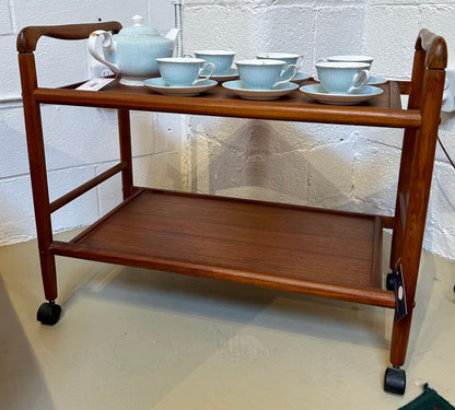 Local Pickup Only - Vintage Teak Tea Tray Cart, Black Plastic Wheels, MCM style Midcentry Modern