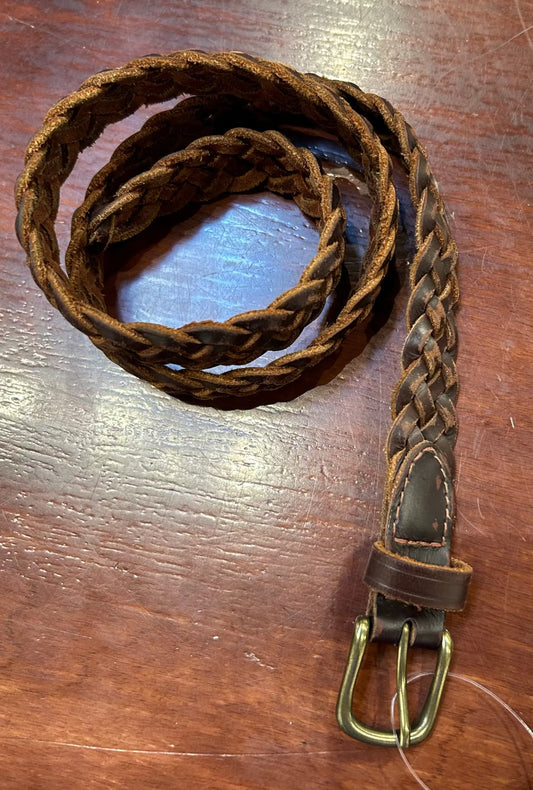 Small Braided Leather Belt, Brass Metal Buckle