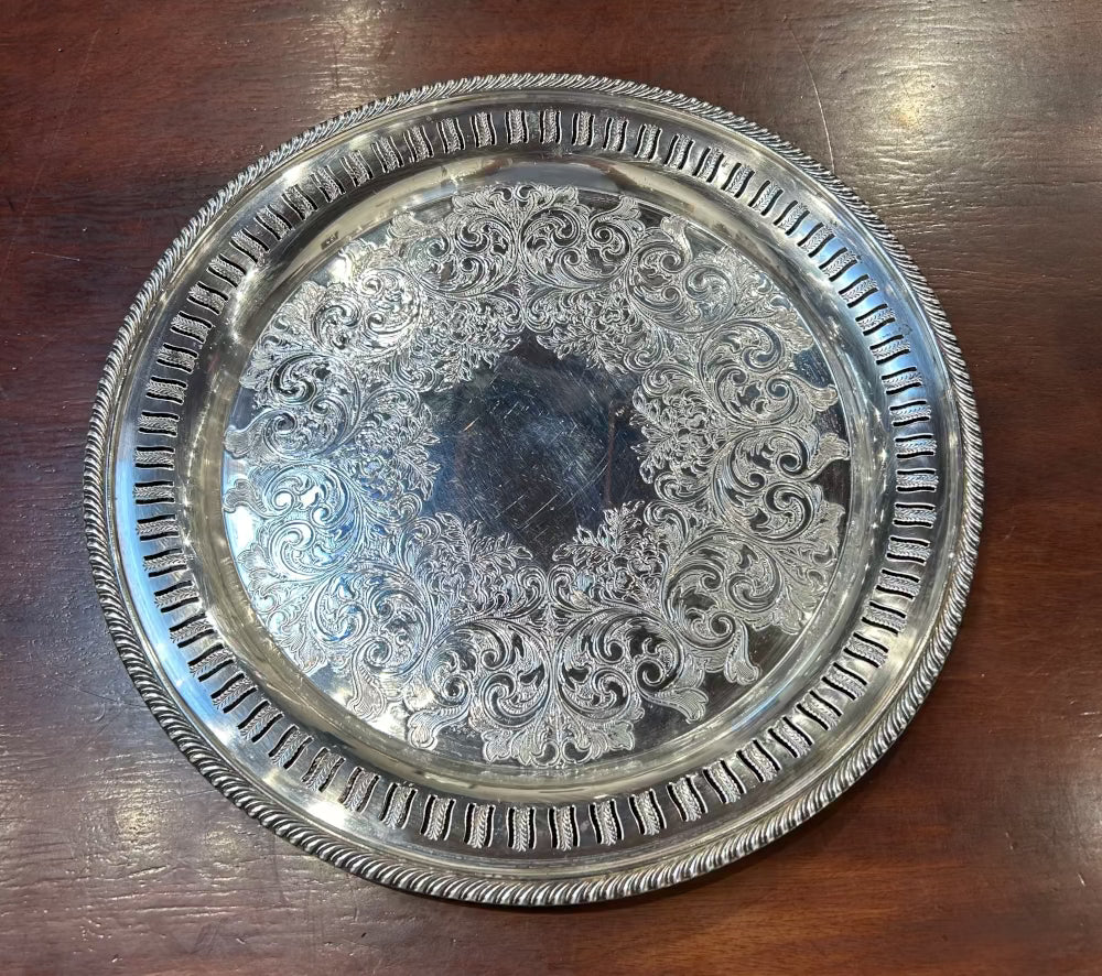 Local Pickup Only - Medium Round Silver Tray with Etching and Cutouts