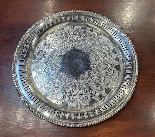 Local Pickup Only - Medium Round Silver Tray with Etching and Cutouts