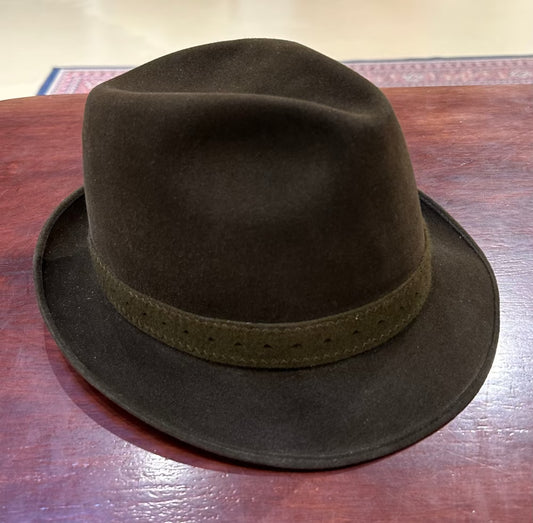 Vintage Olive-Brown Hat Velour Felt Fedora, Freiburg Germany, Sold by Perry of New York