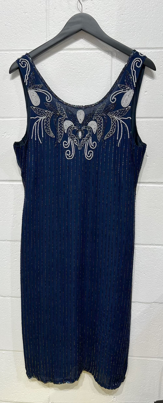 Women's Vintage Dress M/L 100% Silk Navy Blue Sleeveless Beaded Flapper