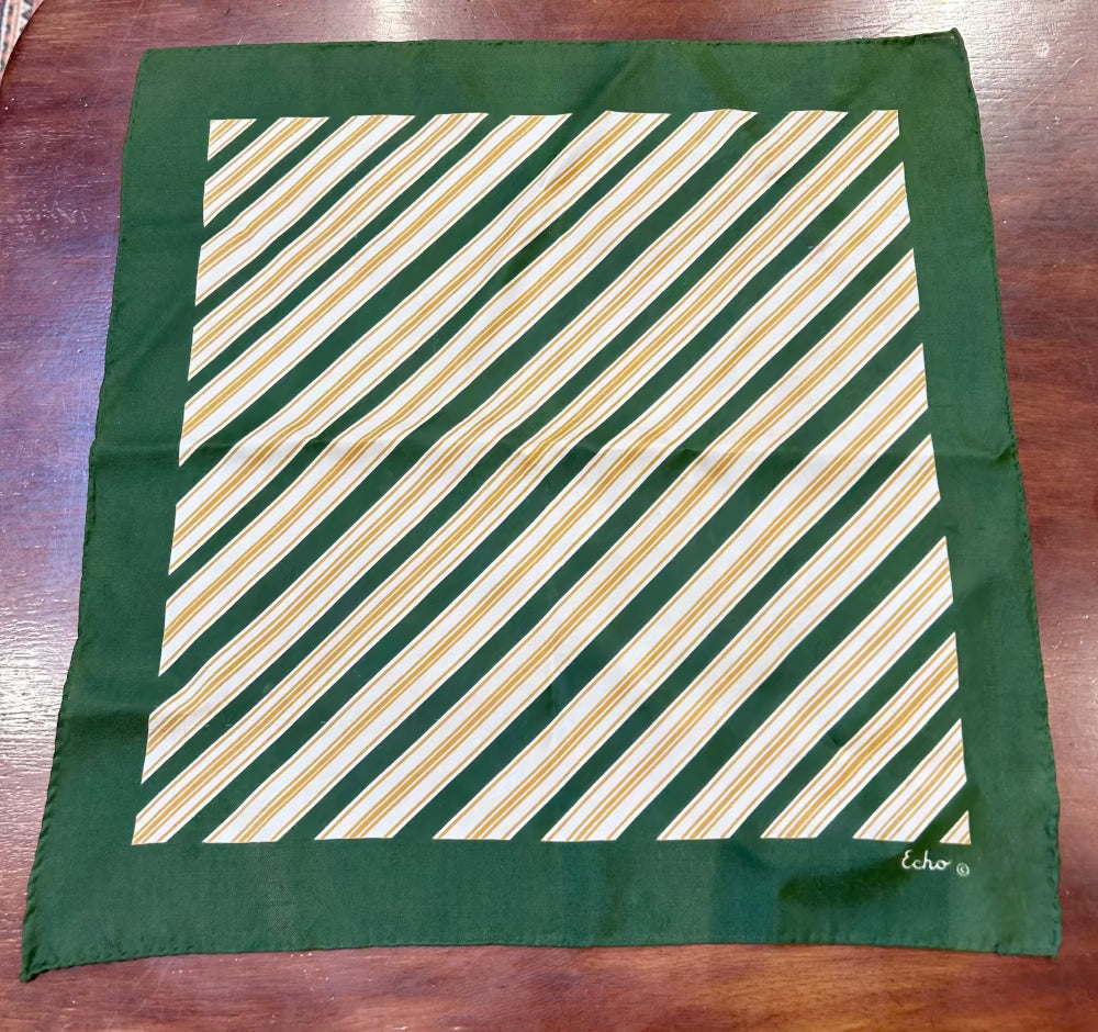 Echo silk scarf pocket square mustard and avocado stripes vintage