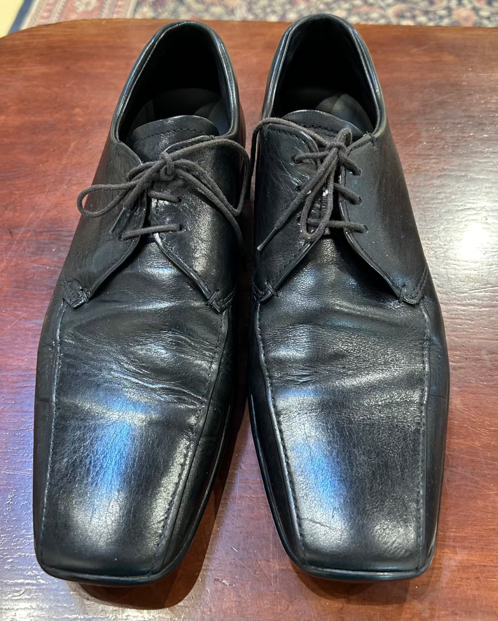 Men's Shoes - US 9 Prada Black Leather, Lace-Up Square Toe