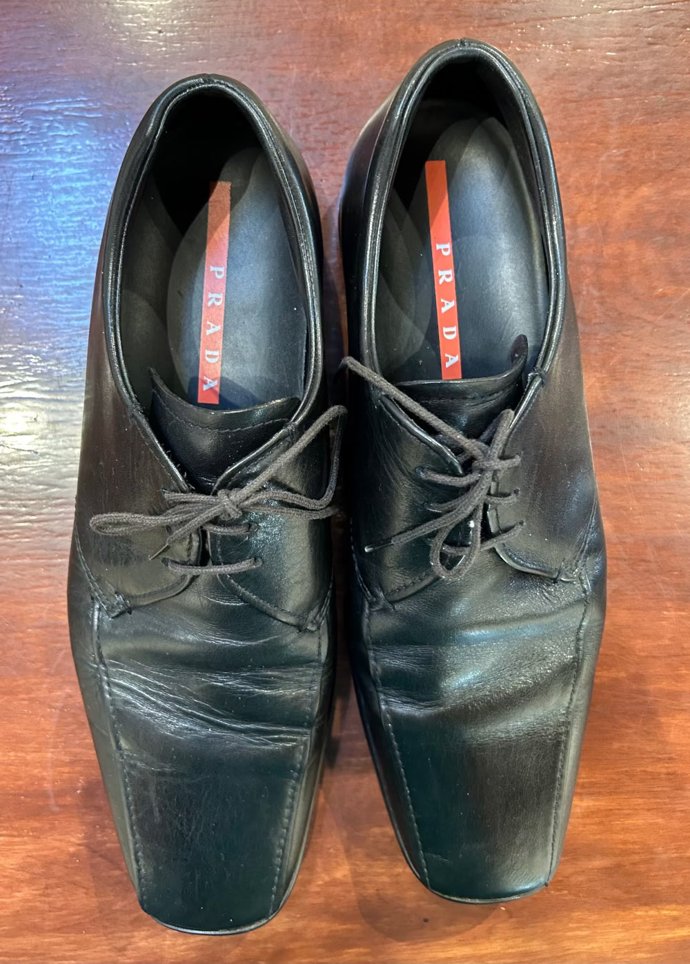 Men's Shoes - US 9 Prada Black Leather, Lace-Up Square Toe