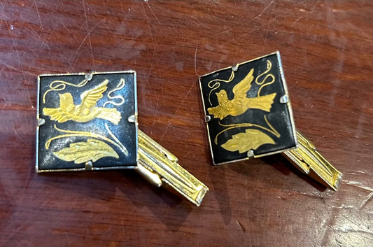 Vintage Goldtone Black Enamel Incised Dove Square Cufflinks