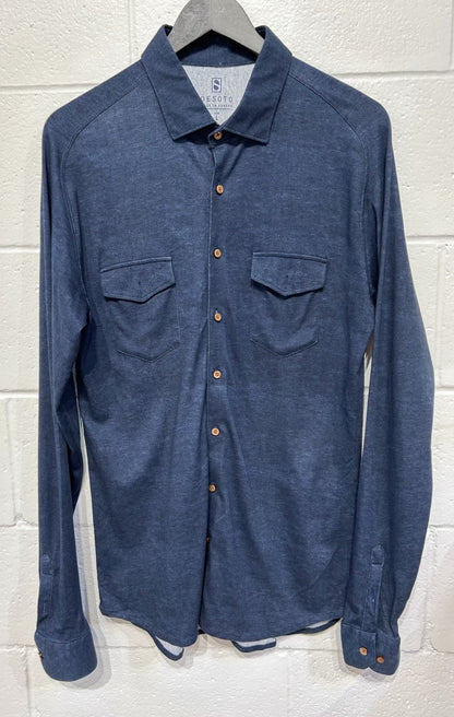 Men's L 100% Cotton Knit Shirt,  Long Sleeve, Button-up, Blue, Tailored Fit, DeSoto