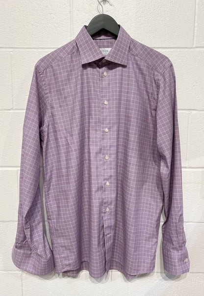 Men's L 16 Cotton Shirt,  Long Sleeve, Button Up, Lavender Check, Contemporary Cut, Eton