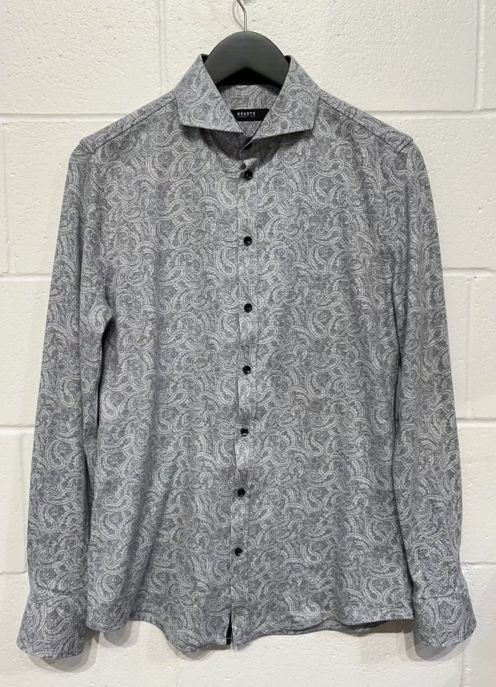 Men's S Cotton Knit Shirt,  Long Sleeve, Button-up, Grey Paisley, Tailored Fit, DeSoto