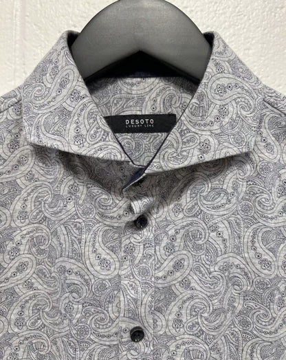 Men's S Cotton Knit Shirt,  Long Sleeve, Button-up, Grey Paisley, Tailored Fit, DeSoto