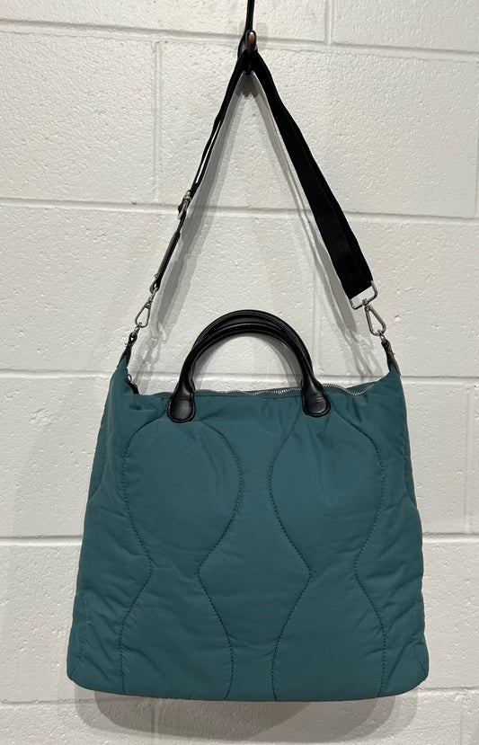 Simons Puffer Fabric and Leather Tote Bag, Soft Blue-Green