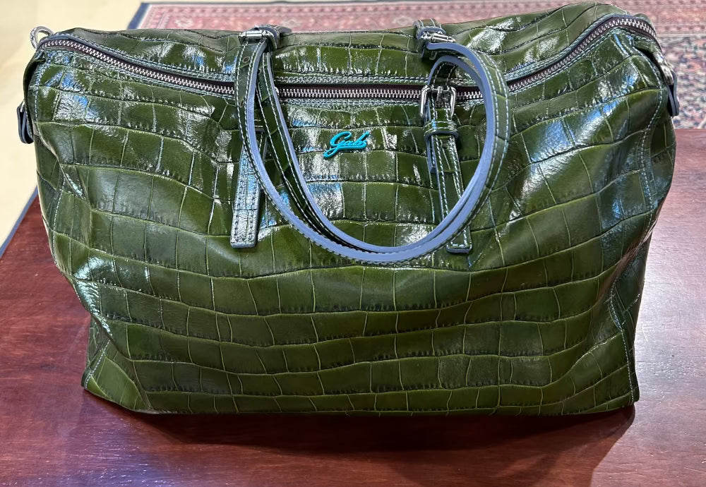 Gabs "Claudia" Genuine Leather Tote Bag, Green Alligator Print with Feet on Bottom