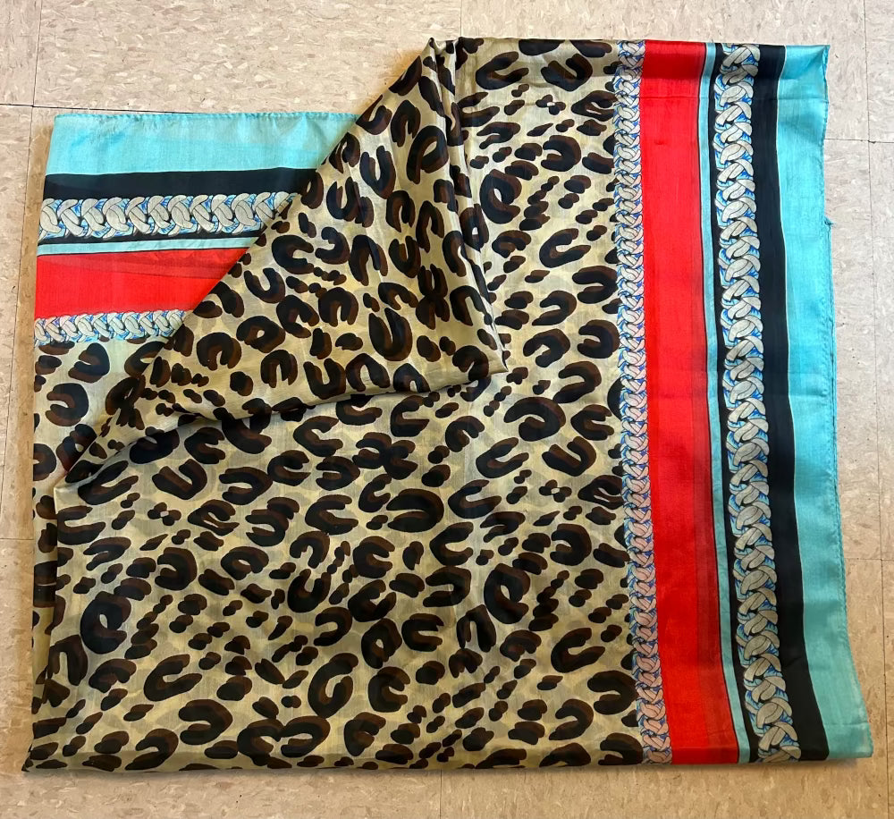 100% Silk Leopard/Red/Turquoise Multi Large Square Scarf