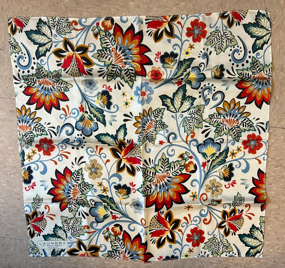 100% Silk Floral Rust Blue Medium Square Scarf, Laundry by Shelli Segal