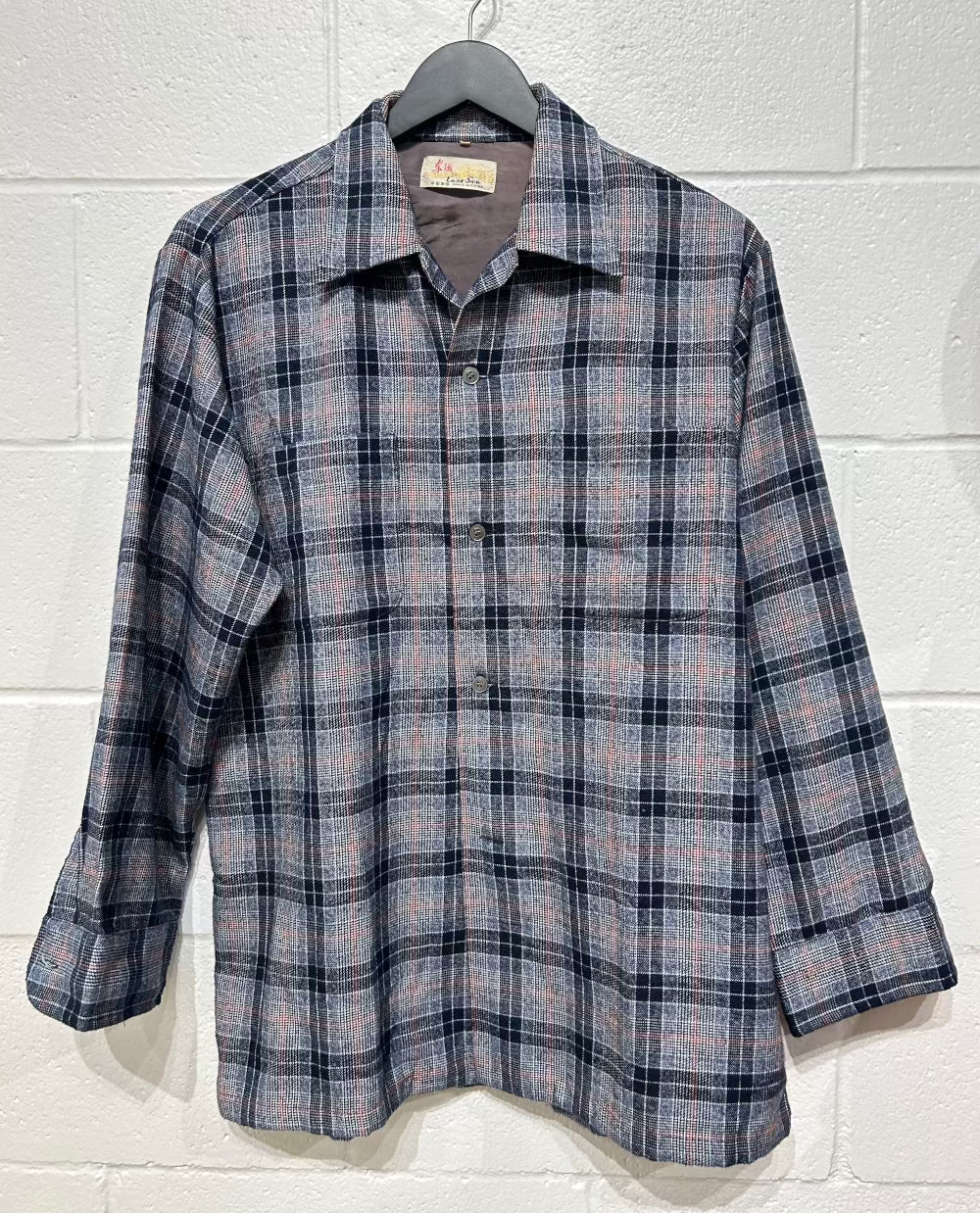 Men's L Shirt, Long Sleeve, Button Up, Plaid Navy/Cream/Red Flannel - East Sea