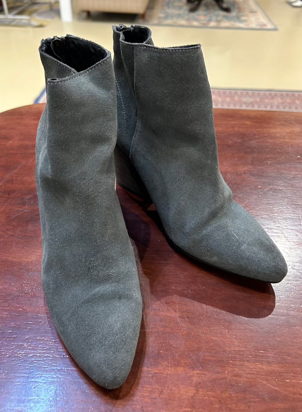 Women's Shoes Boots- 38 EU/ 7 US, Grey Suede Ankle Back Zip Leather Heels