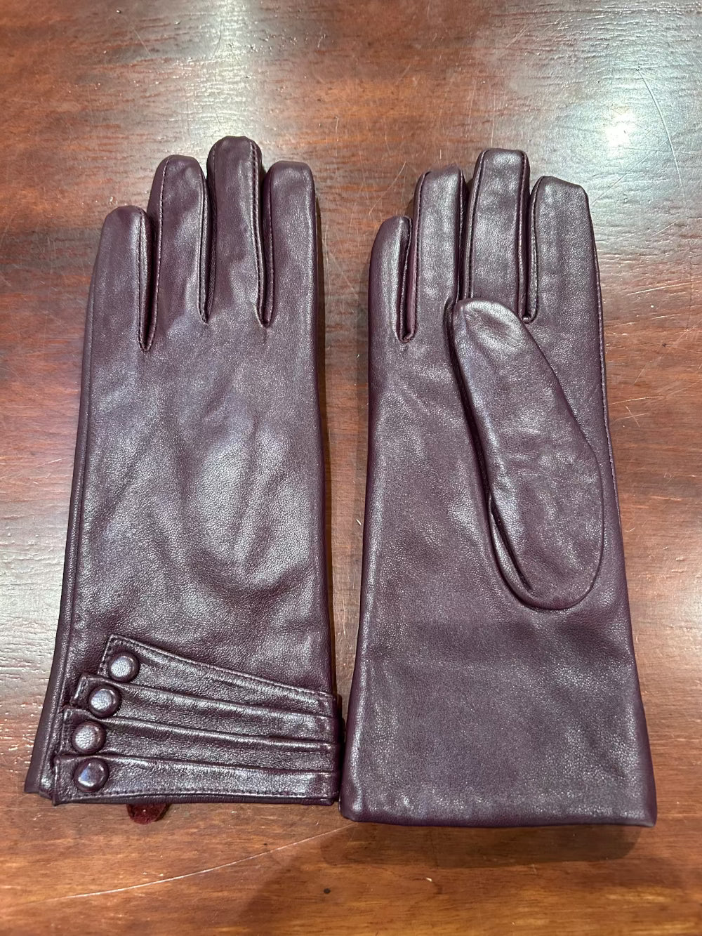 Size 8 Plum Leather Fuzz-Lined Gloves, Button Trim