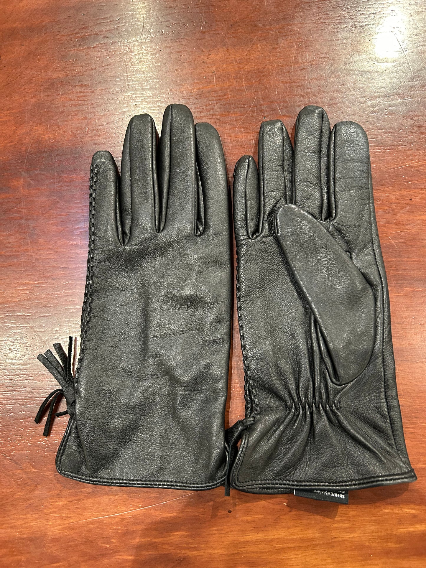 Size L Black Leather Gloves, Tassel and Whip-stitched Edges