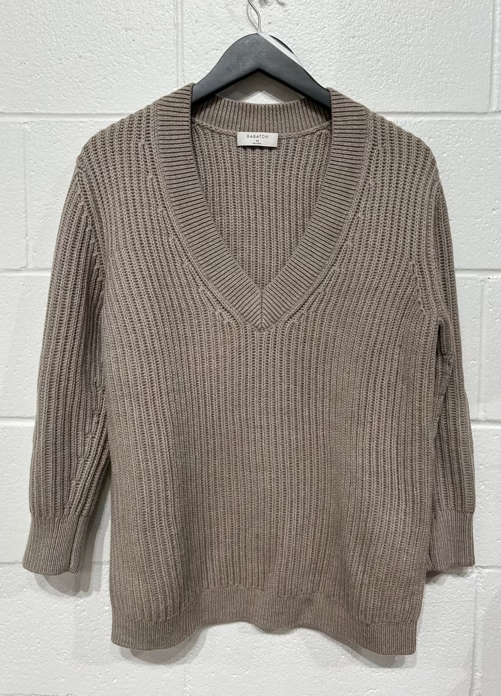 Women's XS (oversize - fits S) 100% Soft Merino Sweater, Beige V-Neck, Babaton