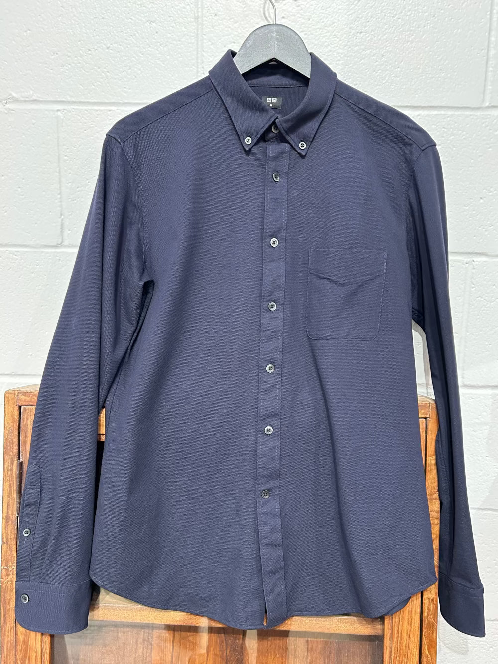 Men's M Cotton Blend Knit Shirt,  Long Sleeve, Button Up, Navy, Uniqlo