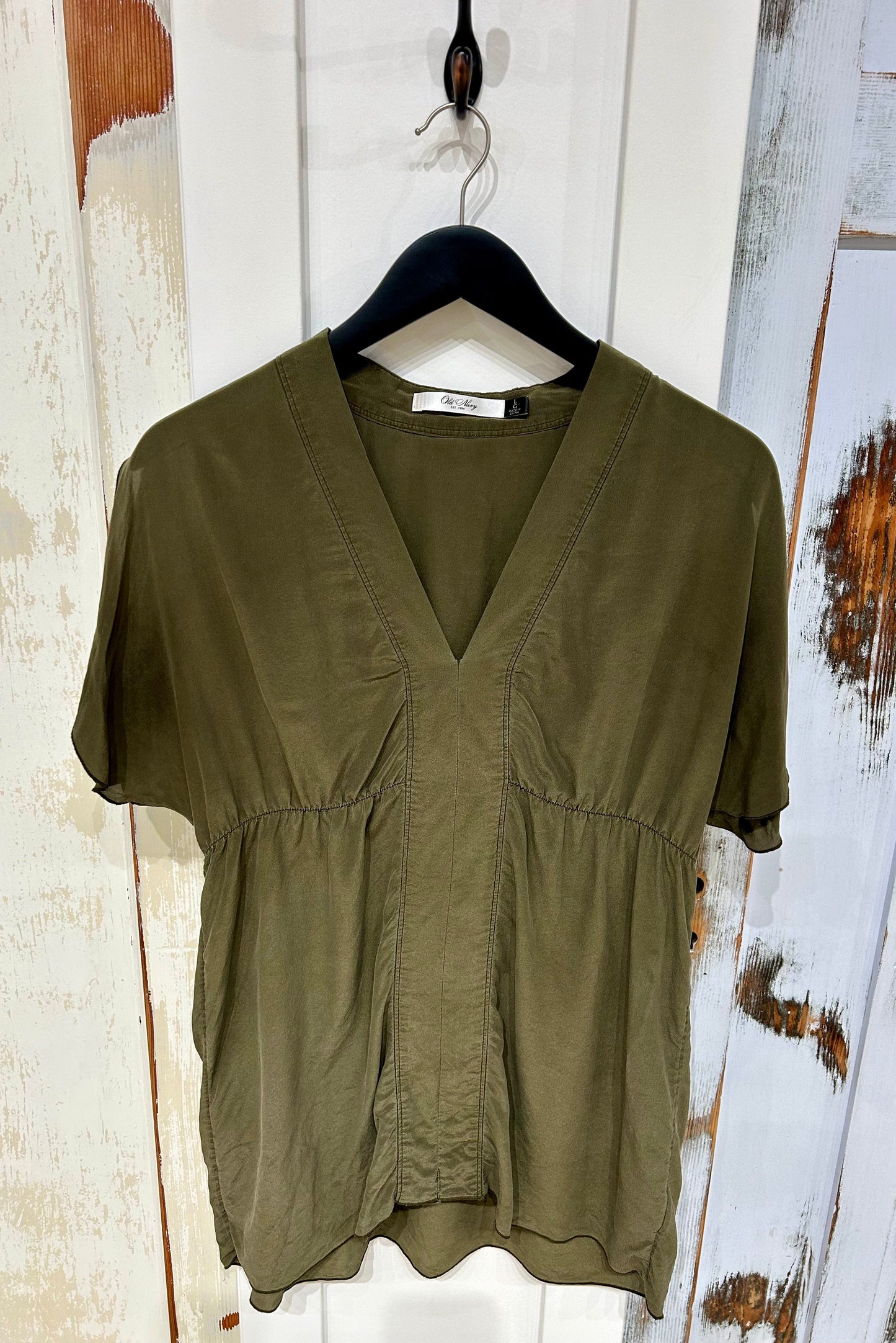 Women's L Top Blouse Tunic, Tulip Sleeve, 100% Silk - Olive, Old Navy