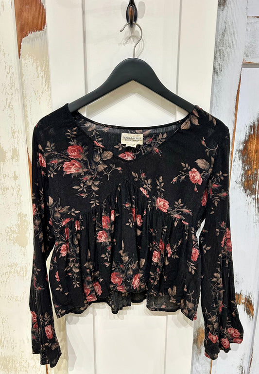 Women's S Top Blouse, Long Sleeve, Gathered Swing Floral - Black, Denim and Supply Ralph Lauren