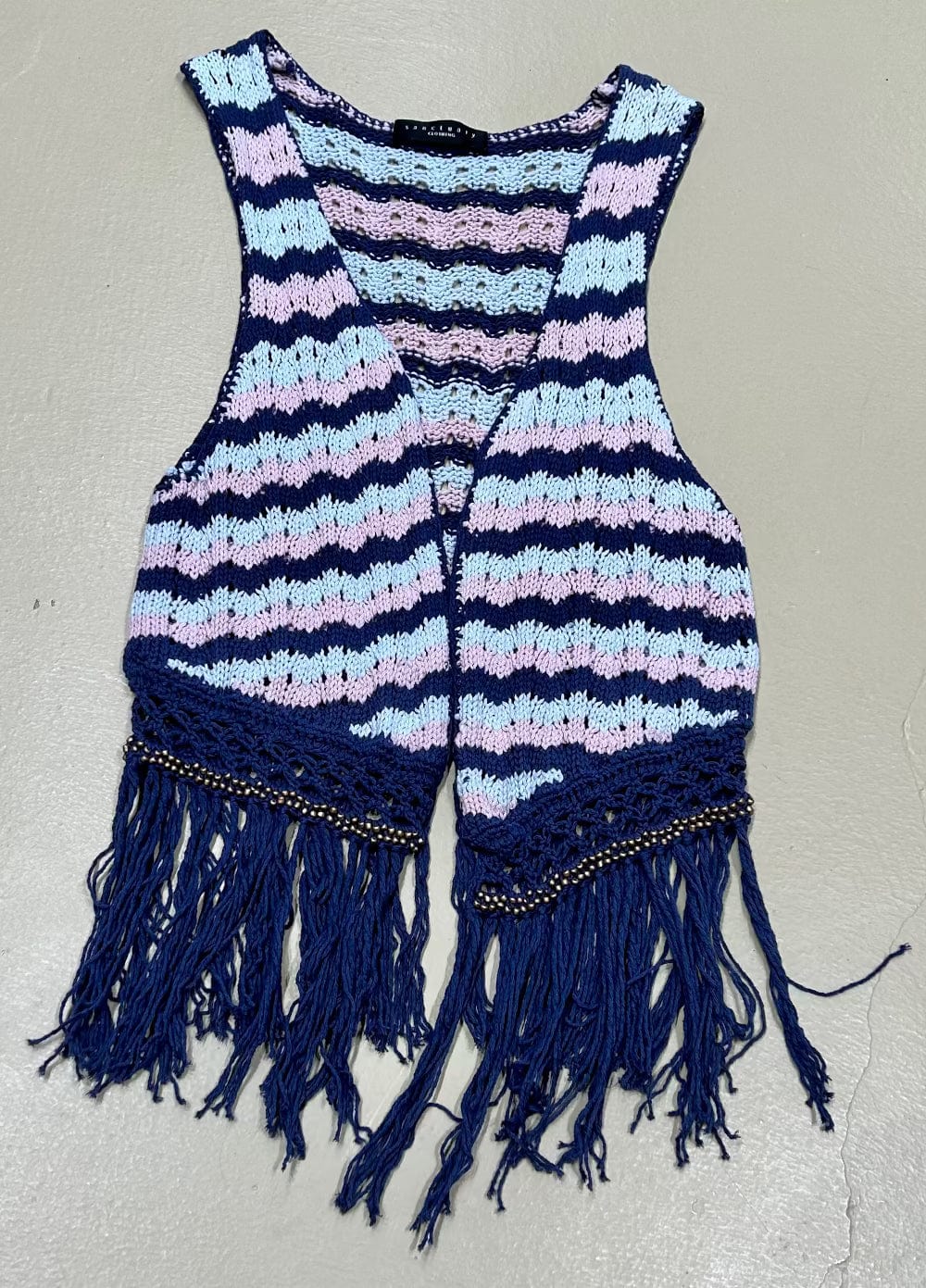 Women's S Cotton Knit Beaded Fringe Vest Sweater - Blue Pink Multi, Sanctuary