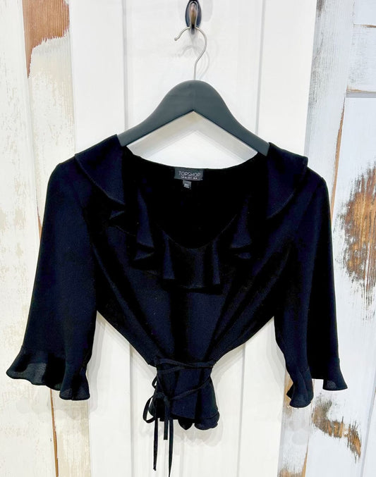 Women's 4 Top Blouse, Crepe Long Sleeve, Ruffle Collar, Tie Waist - Black, Topshop