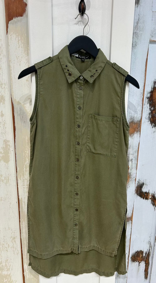 Women's XS Dress Military Grommets Sleeveless Collar High Low Hem  - Olive, Velvet Heart