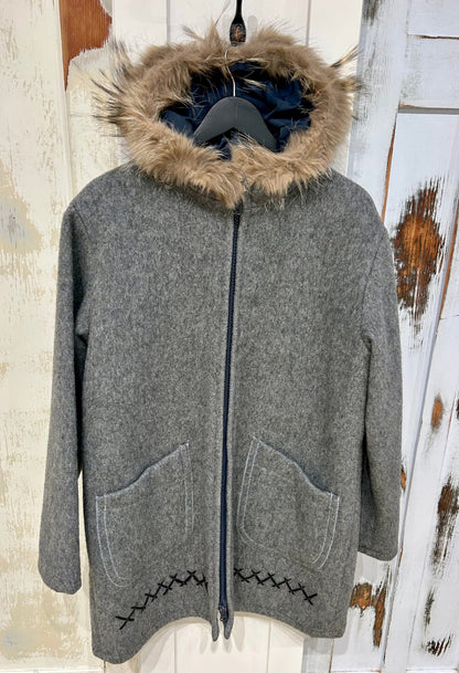 Women's M Vintage Parka Coat Wool w Real Fur Trim and Embroidery - Grey, Yukon Parka