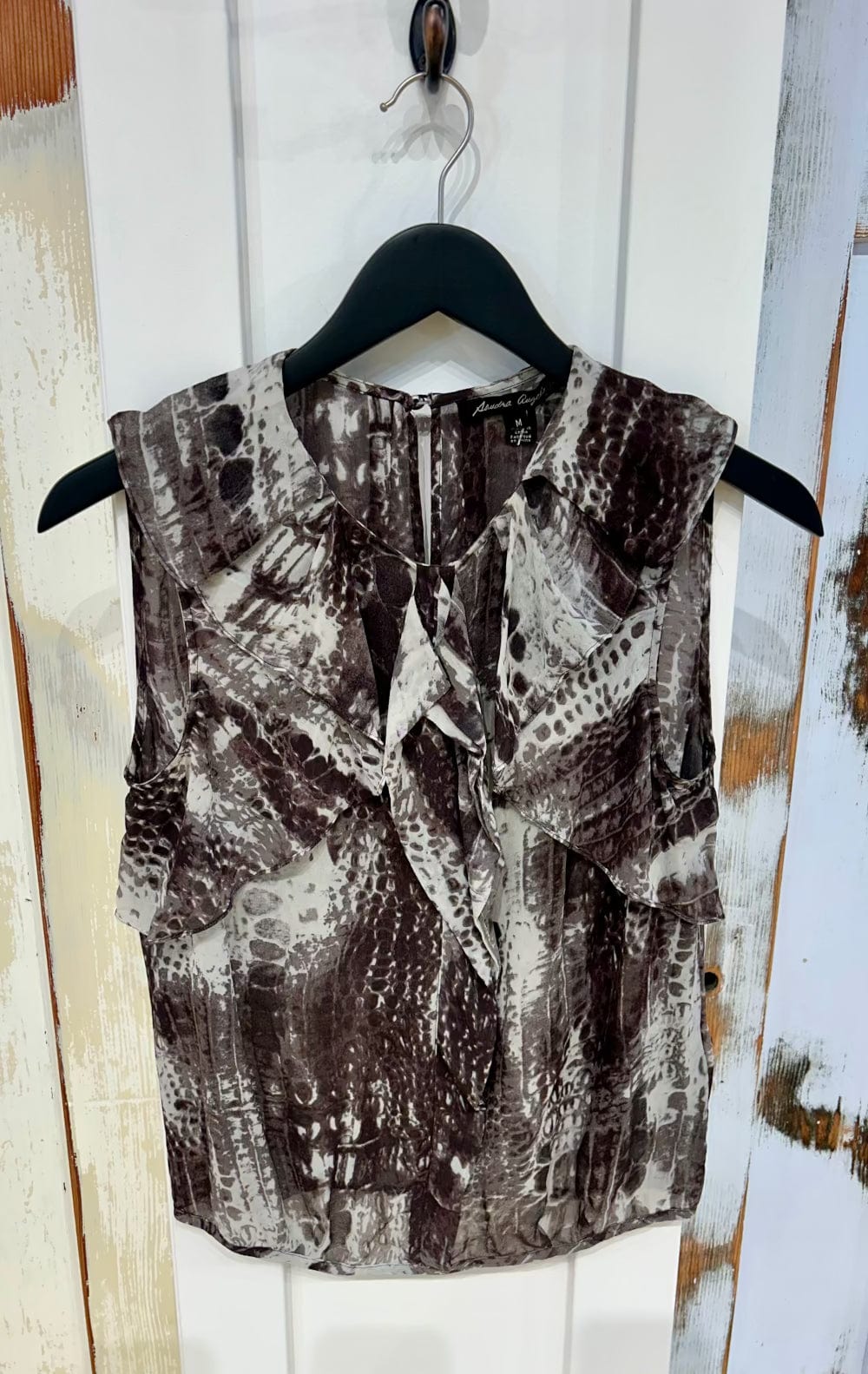 Women's M 100% Silk Top Blouse, Sleeveless, Ruffle Collar, Chiffon - Snake Print, Sandra Angelozzi