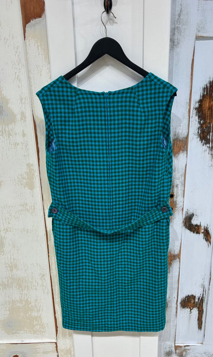 Vintage Women's Dress 12 100% Wool Shift, Knee Length, Fully lined, Button Belt, Checked - Green Turquoise, Pendleton